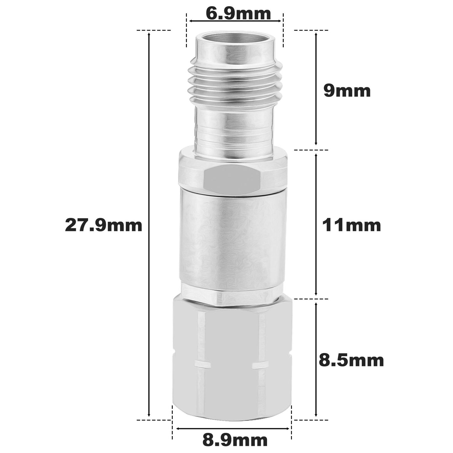 1.85 mm Wave Connector Precision 1.85 mm Male to 1.85 mm Female Adapter Stainless Steel Body Microwave Adapter, 50 Ohm,DC to 67 GHz, VSWR 1:1.25