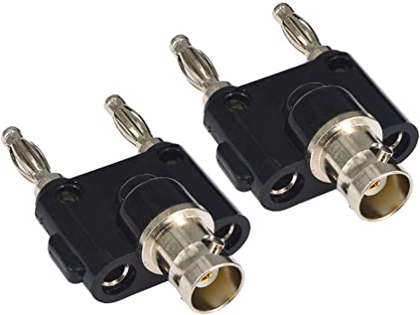 onelinkmore BNC Female to Dual Banana Plug Adapter, 4mm Male Stackable Banana Plugs for Oscilloscope & Multimeter, 19mm (0.75 inch) Standard Spacing, RF Coaxial Connector for Lab & Ham Radio Pack of 2