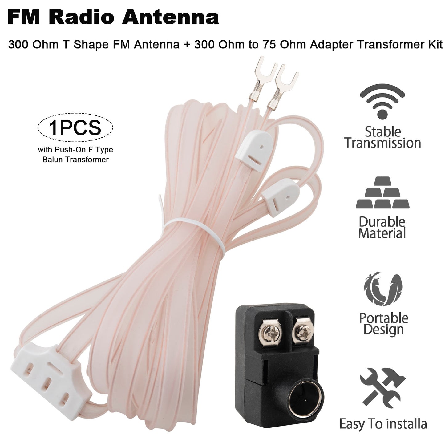 FM Dipole Antenna 300 Ohm T Shape FM Antenna + 300 Ohm to 75 Ohm Adapter Transformer (Push-On F Type Balun) Kit for Yamaha Sony Sharp JVC Denon Marantz Radio Stereo Tuner Receiver