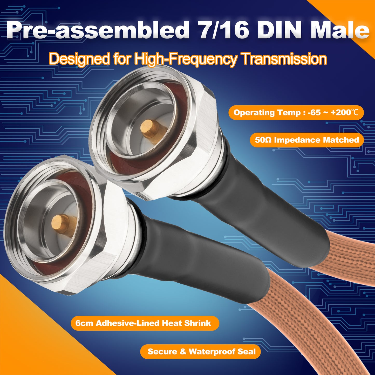 onelinkmore 7/16 DIN Male to Male Coaxial Cable, 50 Ω RG393 Double-Shielded, RF Jumper Cable, Silver-Plated Copper, High-Temp FEP Jacket for RF Test & 5G Base Station