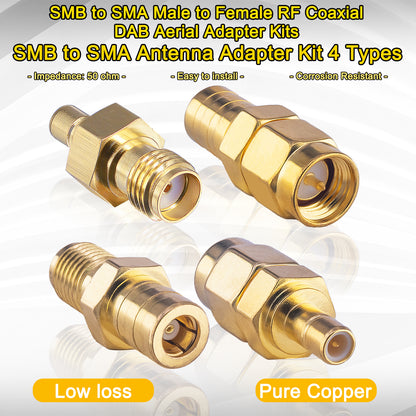 SMB to SMA Antenna Adapter Kit 4 Types Coax Adapter SMB to SMA Male to Female RF Coaxial DAB Aerial Adapter Kits for Sirius XM Satellite Radio Antenna Radio Aerial Car DAB Radio