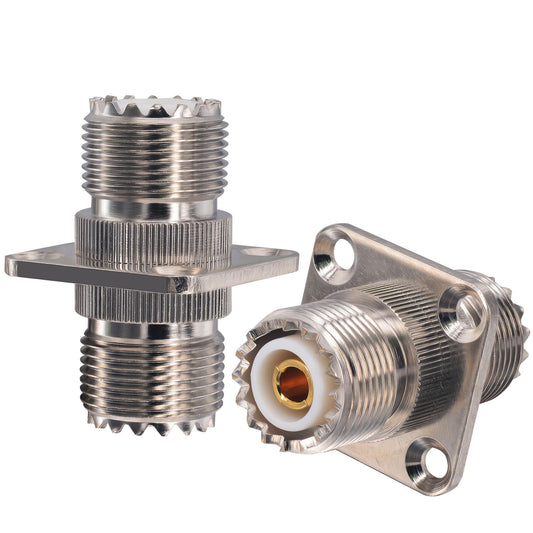 onelinkmore SO239 to SO239 Coupler 4-Hole Flange, UHF Female to Female Gender Changer, PL259 Coax Cable Extension Adapter, Chassis Mount Feed Through for Ham CB Radio Antenna, Go-Box Pack of 2