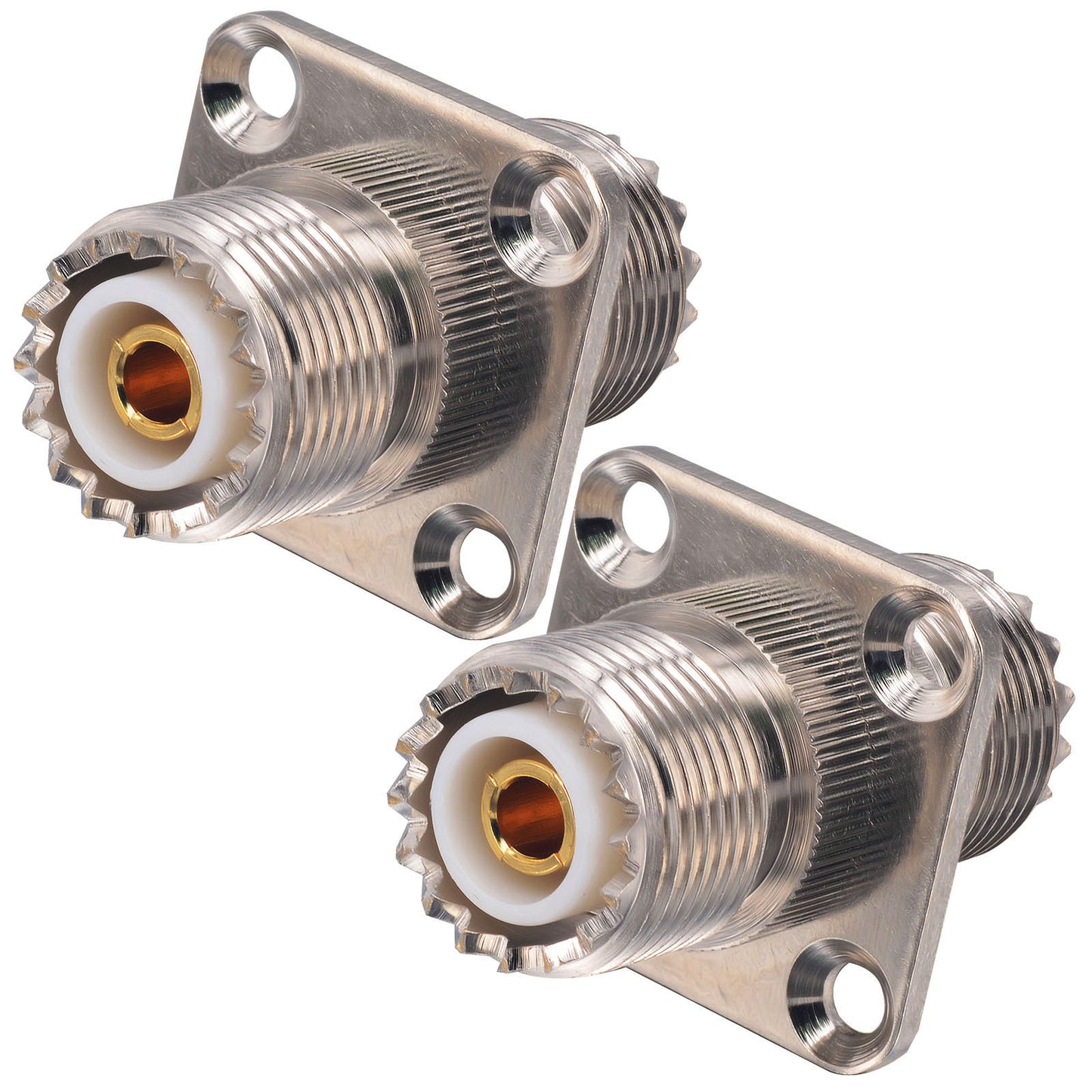 onelinkmore SO239 to SO239 Coupler 4-Hole Flange, UHF Female to Female Gender Changer, PL259 Coax Cable Extension Adapter, Chassis Mount Feed Through for Ham CB Radio Antenna, Go-Box Pack of 2
