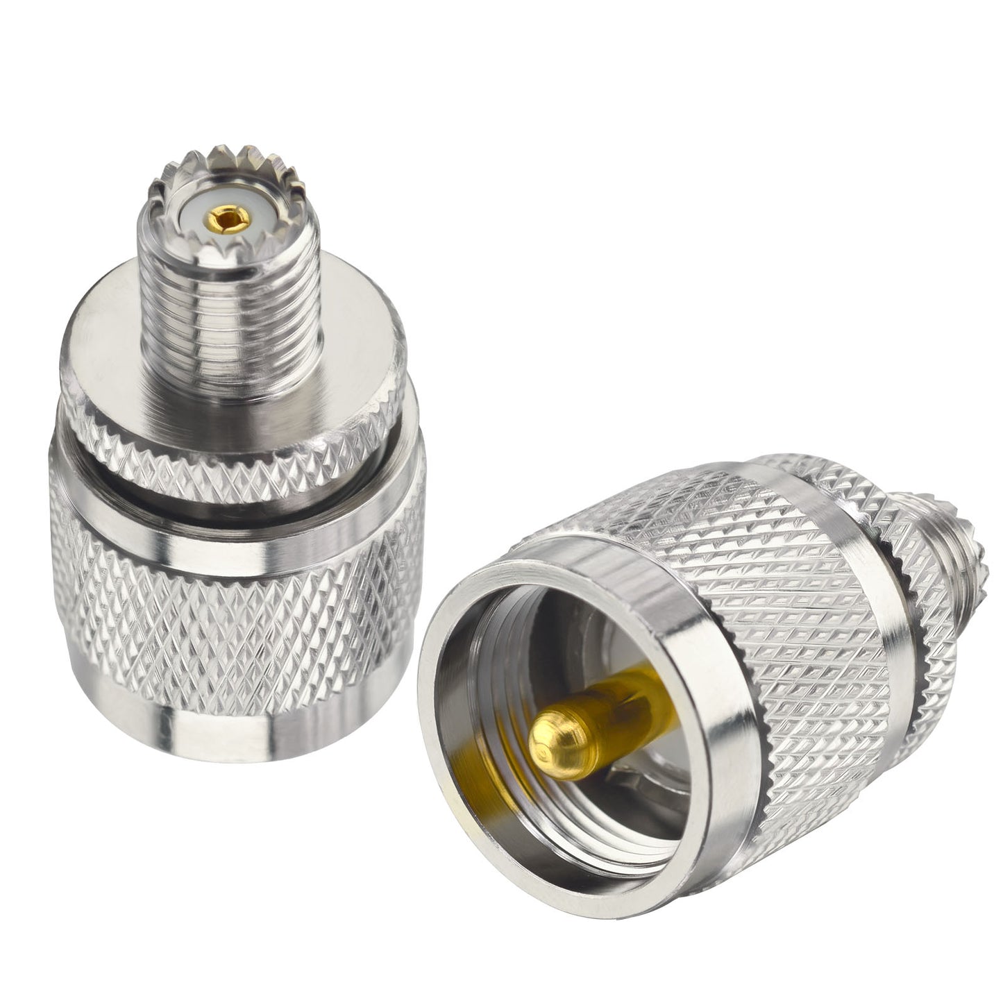 onelinkmore UHF Male to Mini UHF Female Coax Adapter, PL-259 to Mini UHF Jack RF Coaxial Connector, 50 Ohm Gold-Plated Brass for CB Ham Radio, Mobile Scanner, Antenna Signal Extension Pack of 2