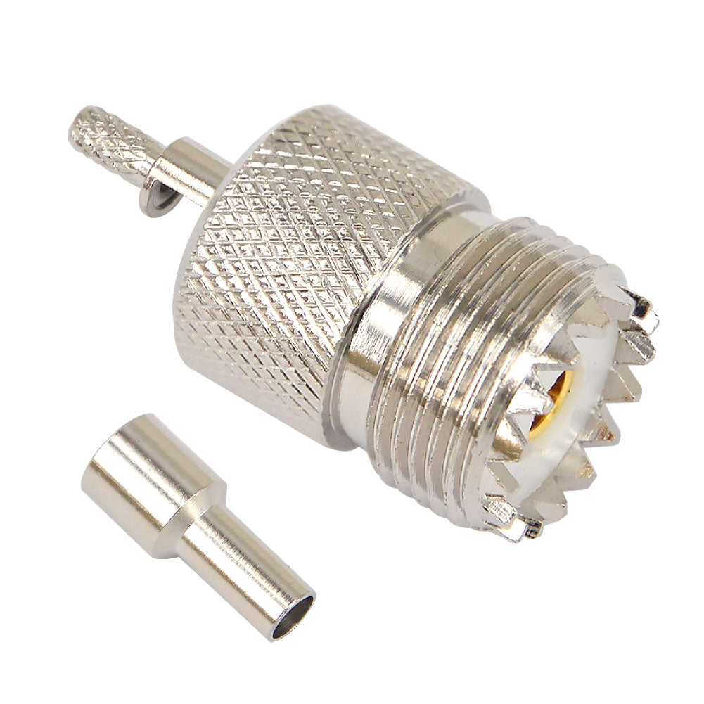 onelinkmore UHF Female Jack SO239 RF Coax Connector Crimp for RG316,RG174,LMR100 Straight Nickelplated Pack of 10