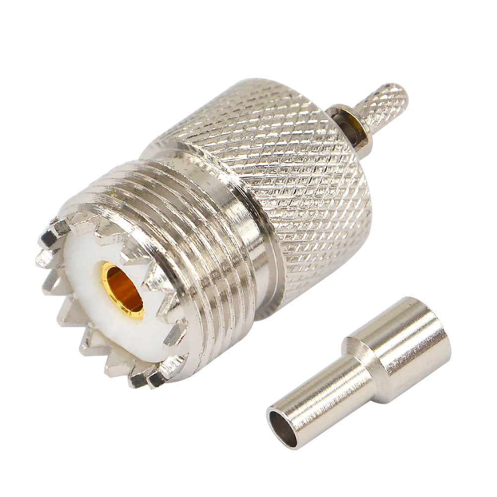 onelinkmore UHF Female Jack SO239 RF Coax Connector Crimp for RG316,RG174,LMR100 Straight Nickelplated Pack of 10