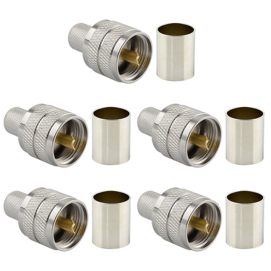 UHF Male PL259 Crimp Connector Kit UHF Type Plug Adapter 50 ohm for RG8 RG213 LMR400 7D-FB Teflon Material 50ohm Low Loss RF Adapter Compatiable with Ham Radio Antenna Coaxial Connector Pack of 5