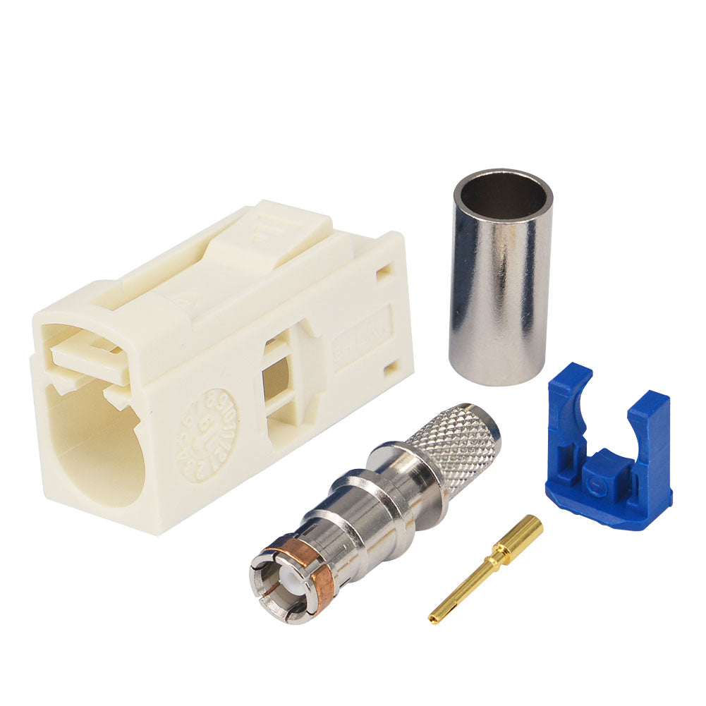 Fakra B Female Connector White/Code B Crimp for RG58 LMR195 Cable, Car AM/FM Radio Antenna Adapter - Supports Phantom Power Supply Systems Pack of 10