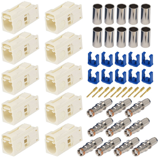 Fakra B Female Connector White/Code B Crimp for RG58 LMR195 Cable, Car AM/FM Radio Antenna Adapter - Supports Phantom Power Supply Systems Pack of 10