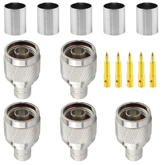 onelinkmore N Male Crimp Connector Kit N Type Plug Adapter 50 ohm for RG8,RG213 LMR400 7D-FB Coaxial Cable Low Loss High Frequency Coaxial Connector Pack of 5