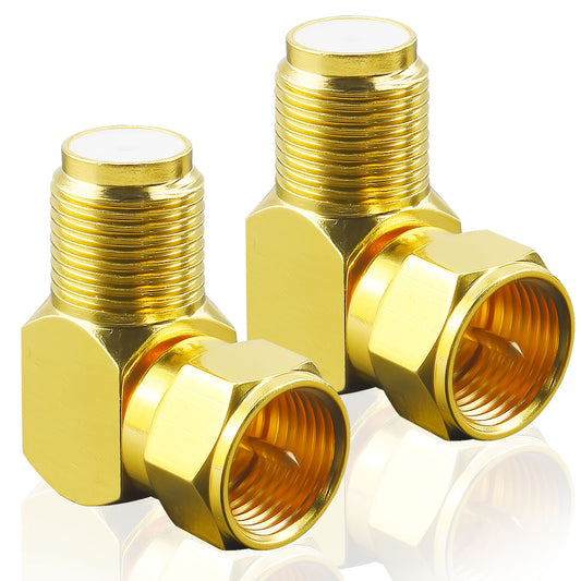 onelinkmore RG6 Adapter Right Angle Coax Connector, F Type Coaxial 90 Degree Elbow Golden Premium Texture Coax Male to Female Cable Connector for Wall Plates, Wall Mounted TV,Coaxial Cable Pack of 2