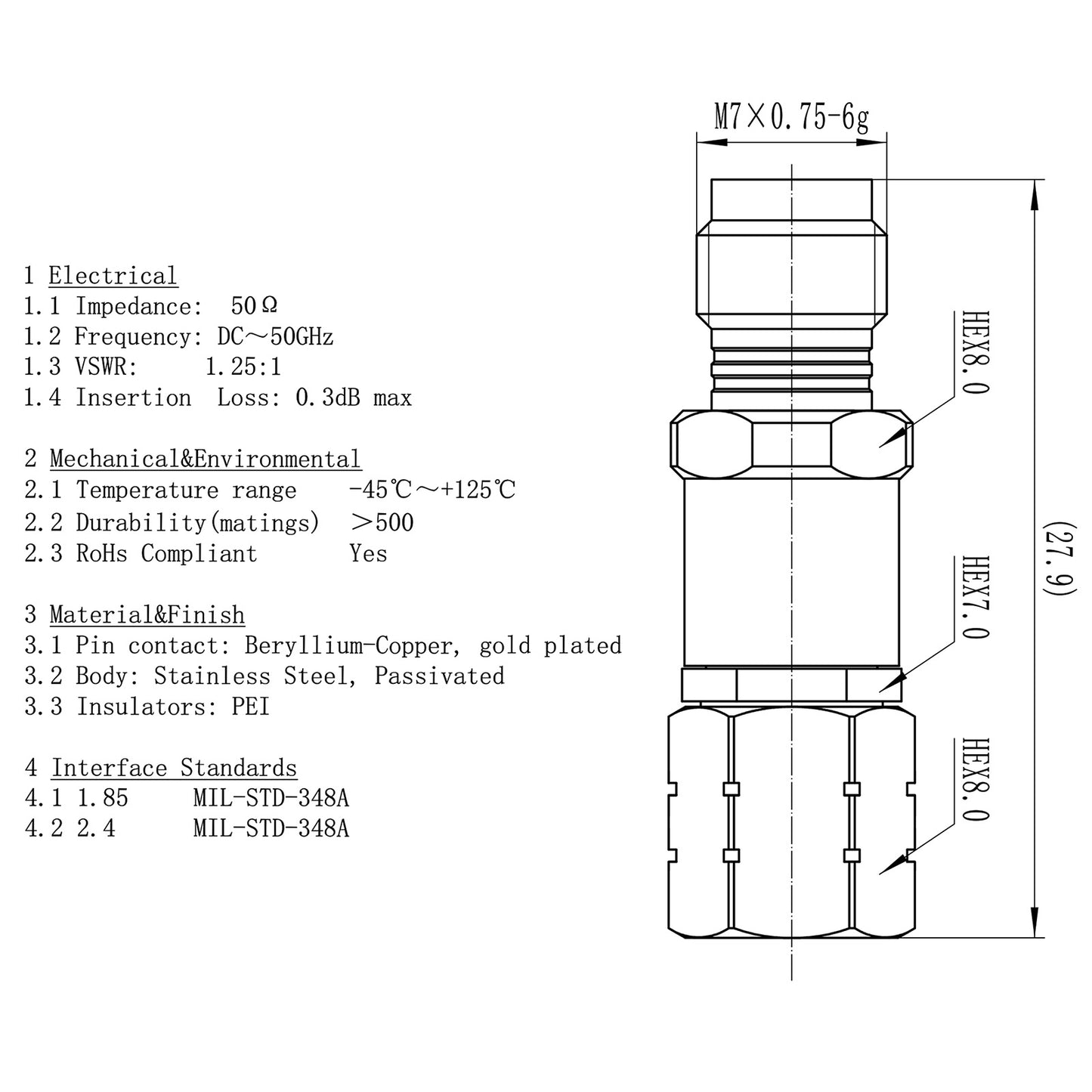 2.4 mm 1.85 mm Wave Connector Precision 1.85 mm Female to 2.4 mm Male Adapter Stainless Steel Body Microwave Adapter, 50 Ohm,DC to 50 GHz, VSWR 1:1.25