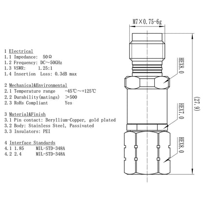 2.4 mm 1.85 mm Wave Connector Precision 1.85 mm Female to 2.4 mm Male Adapter Stainless Steel Body Microwave Adapter, 50 Ohm,DC to 50 GHz, VSWR 1:1.25