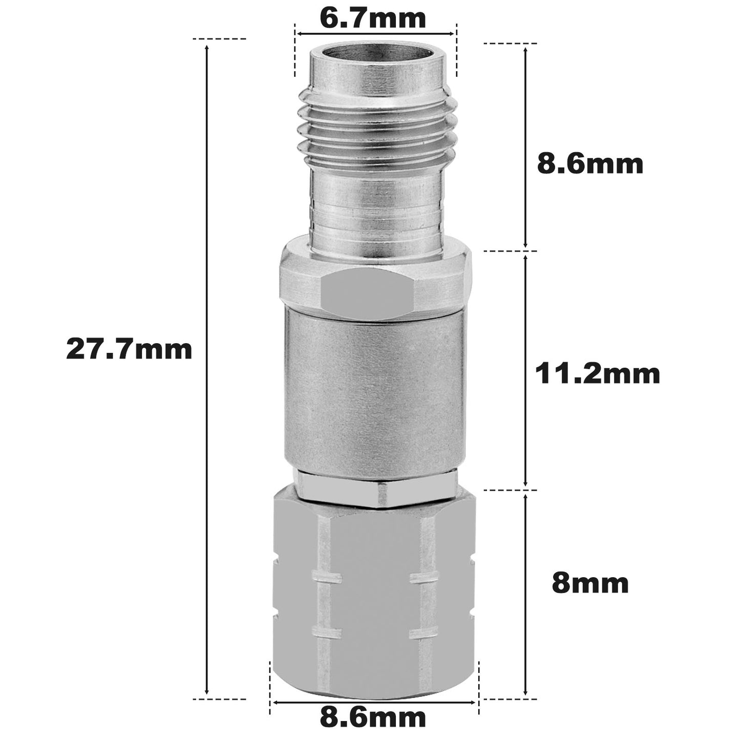 2.4 mm 1.85 mm Wave Connector Precision 1.85 mm Female to 2.4 mm Male Adapter Stainless Steel Body Microwave Adapter, 50 Ohm,DC to 50 GHz, VSWR 1:1.25