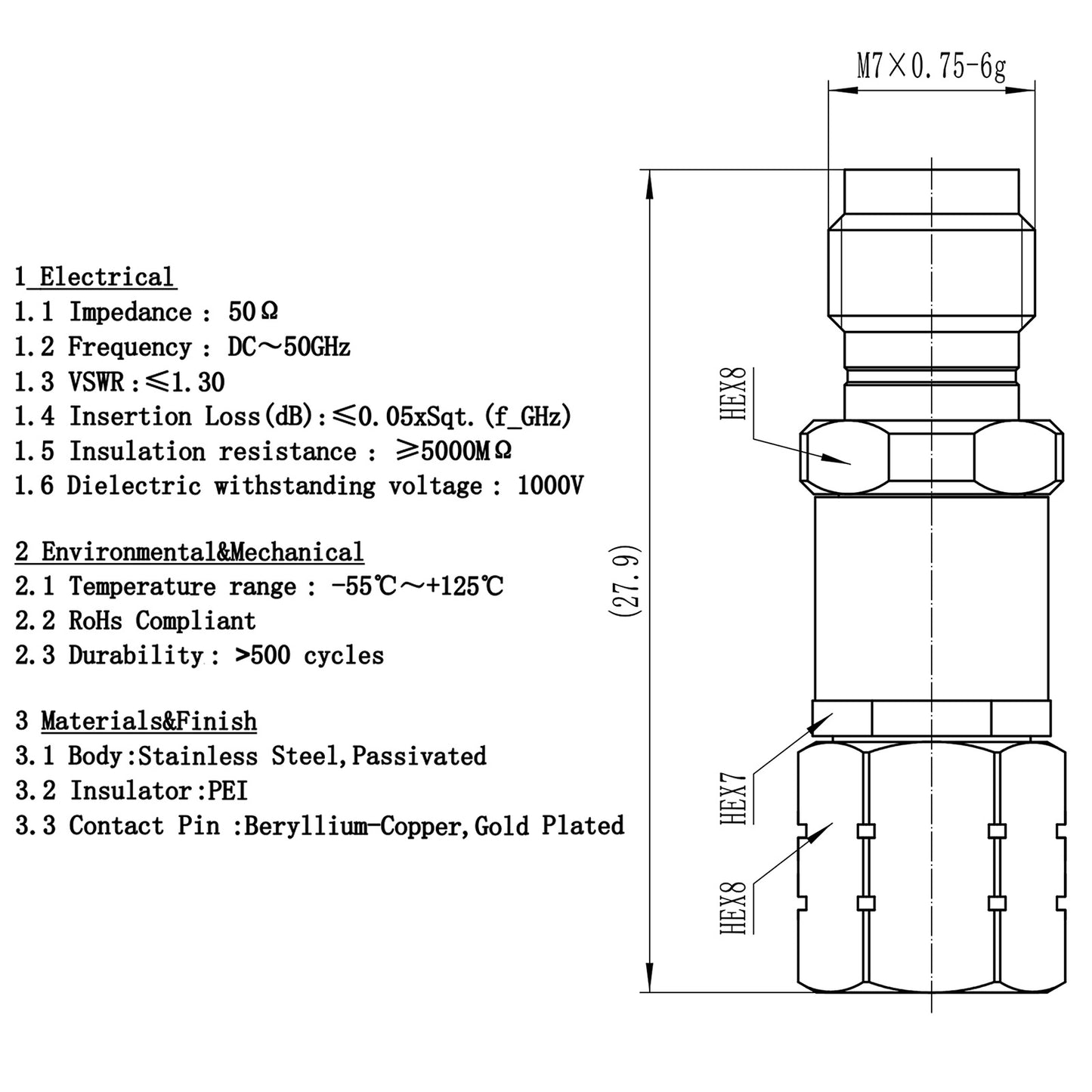 2.4 mm Wave Connector Precision 2.4 mm Male to 2.4 mm Female Adapter Stainless Steel Body Microwave Adapter, 50 Ohm,DC to 50 GHz, VSWR 1:1.3