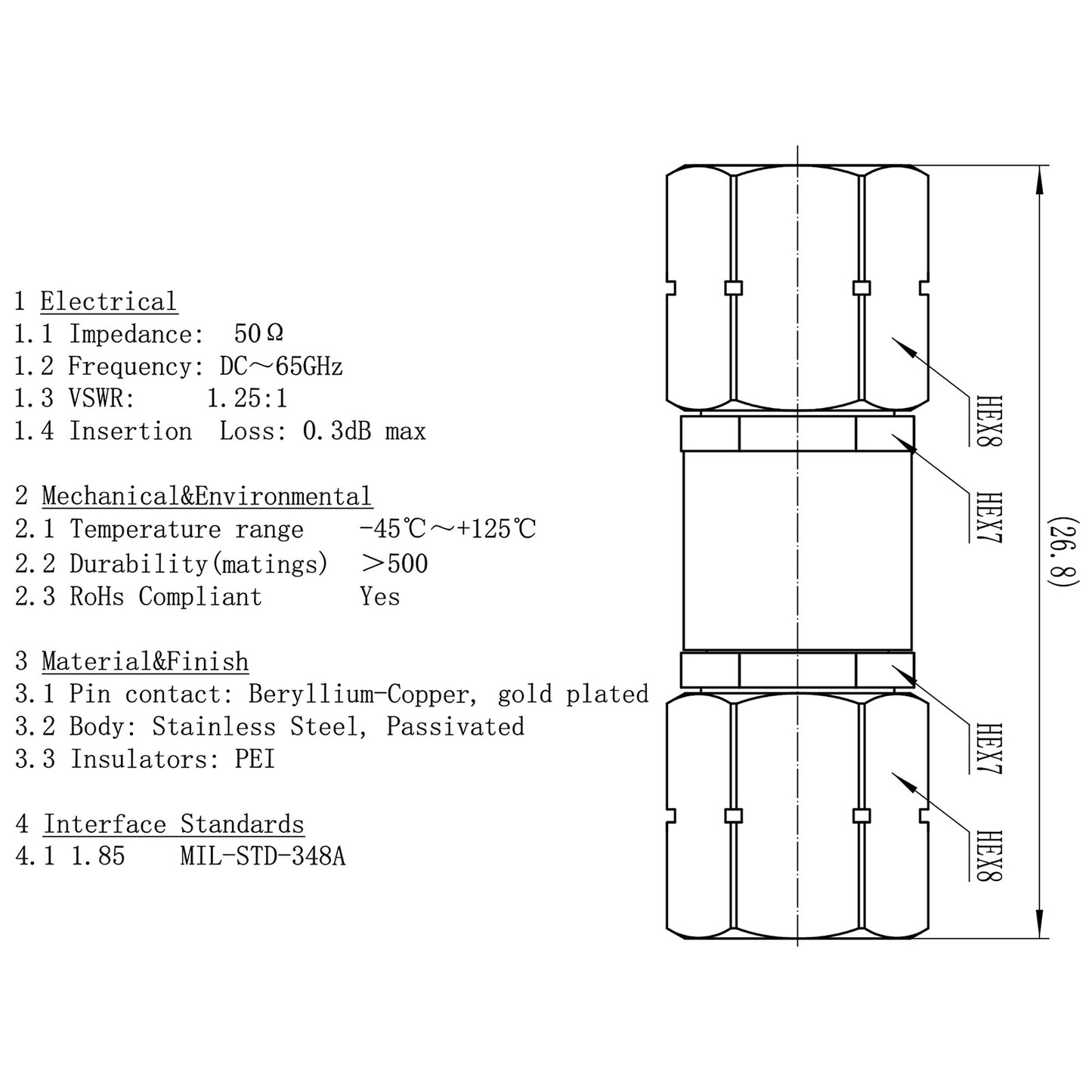 1.85 mm Wave Connector Precision 1.85 mm Male to 1.85 mm Male Adapter Stainless Steel Body Microwave Adapter, 50 Ohm,DC to 67 GHz, VSWR 1:1.25