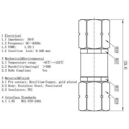 1.85 mm Wave Connector Precision 1.85 mm Male to 1.85 mm Male Adapter Stainless Steel Body Microwave Adapter, 50 Ohm,DC to 67 GHz, VSWR 1:1.25