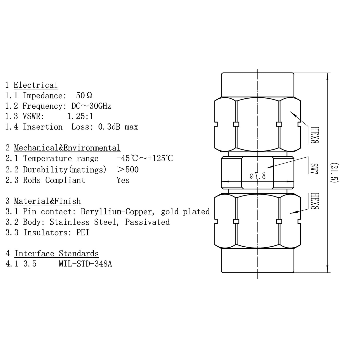 3.5 mm Wave Connector Precision 3.5 mm Male to 3.5 mm Male Adapter Stainless Steel Body Microwave Adapter, 50 Ohm,DC to 34 GHz, VSWR 1:1.2