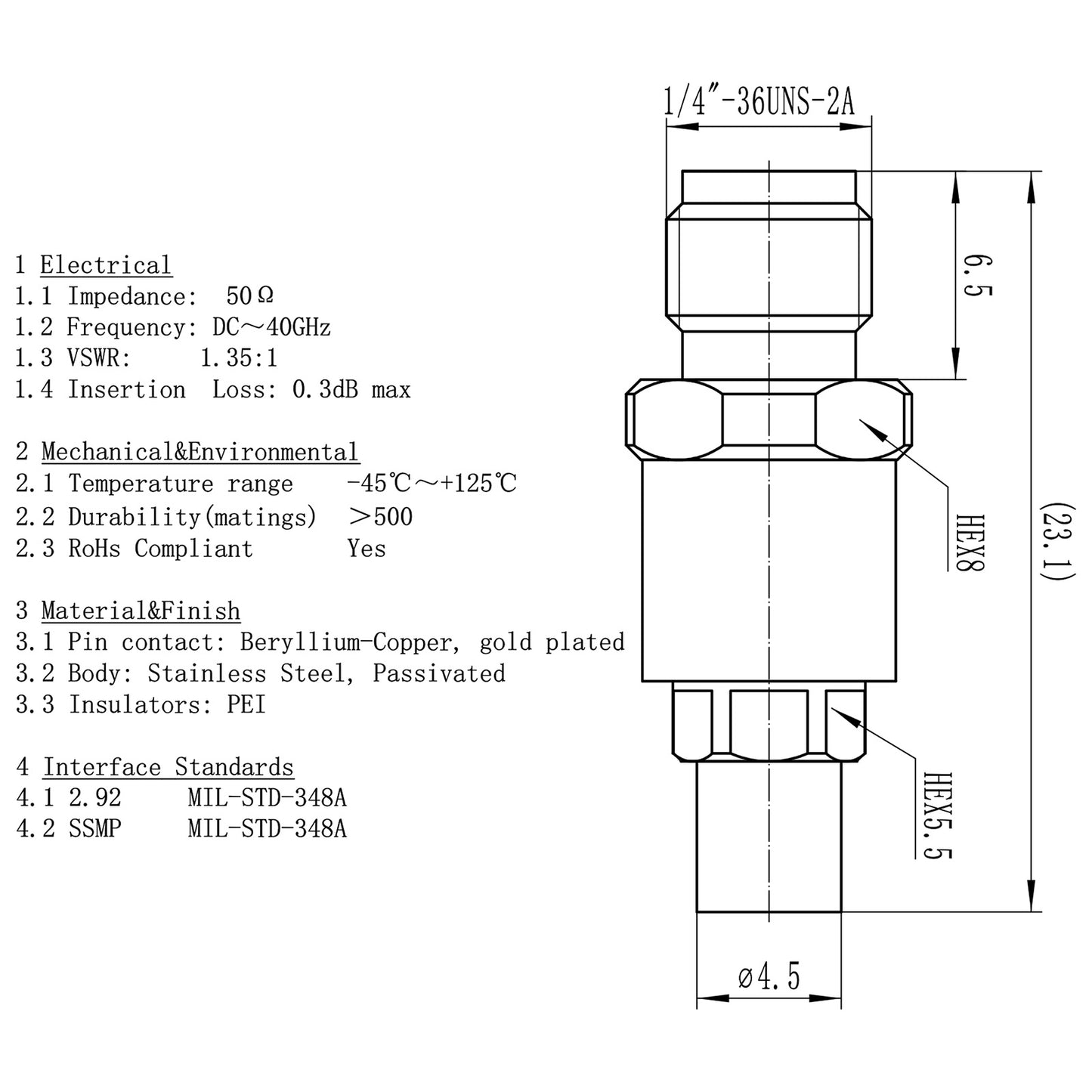 2.92 mm SSMP Wave Connector Precision 2.92 mm Female to SSMP Male Adapter Stainless Steel Body Microwave Adapter, 50 Ohm,DC to 40 GHz, VSWR 1:1.2