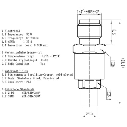 2.92 mm SSMP Wave Connector Precision 2.92 mm Female to SSMP Male Adapter Stainless Steel Body Microwave Adapter, 50 Ohm,DC to 40 GHz, VSWR 1:1.2