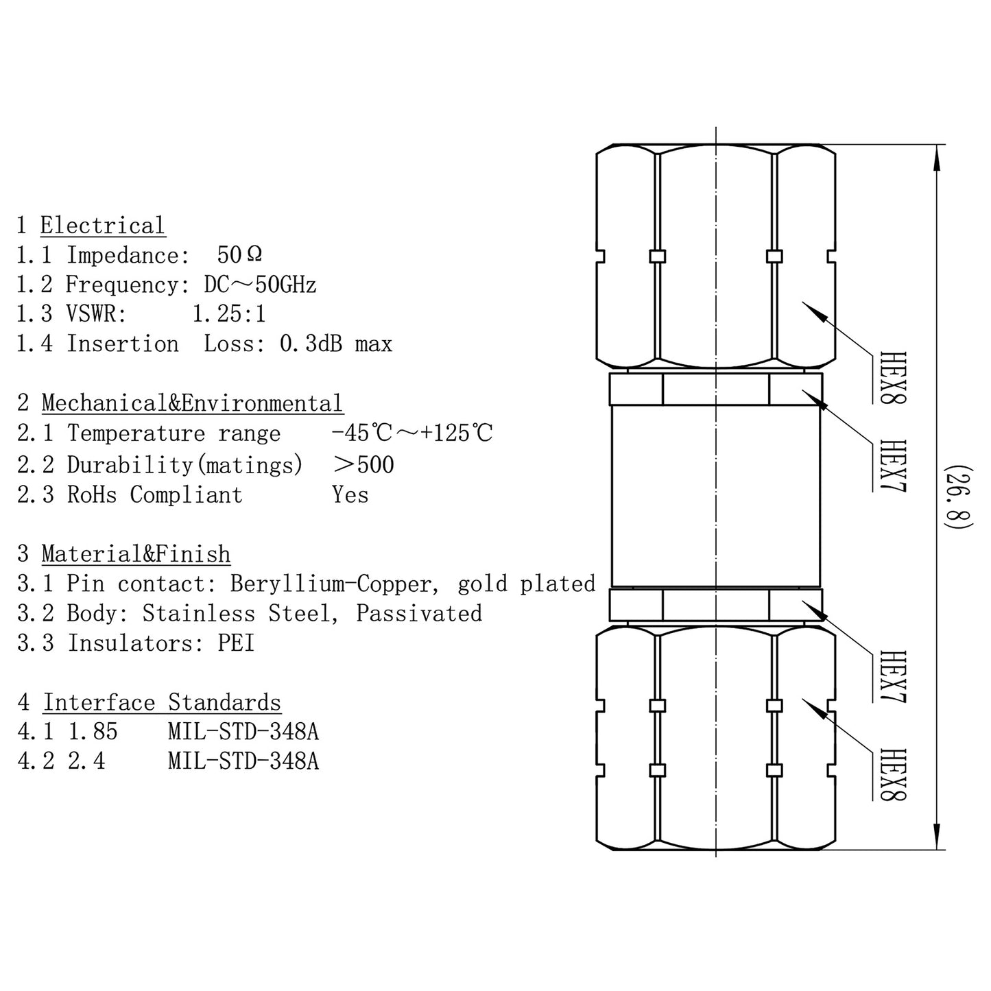 2.4 mm 1.85 mm Wave Connector Precision 1.85 mm Male to 2.4 mm Male Adapter Stainless Steel Body Microwave Adapter, 50 Ohm,DC to 50 GHz, VSWR 1:1.25