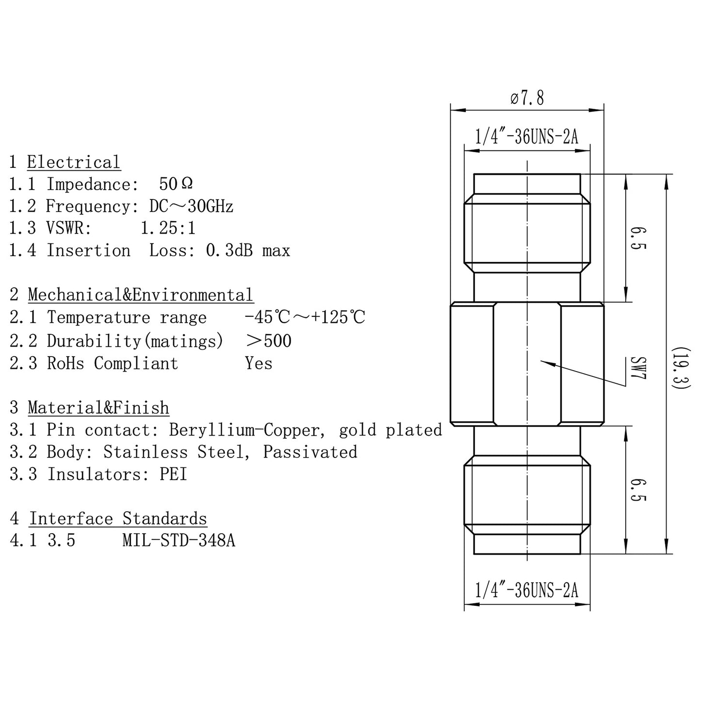3.5 mm Wave Connector Precision 3.5 mm Female to 3.5 mm Female Adapter Stainless Steel Body Microwave Adapter, 50 Ohm,DC to 34 GHz, VSWR 1:1.2
