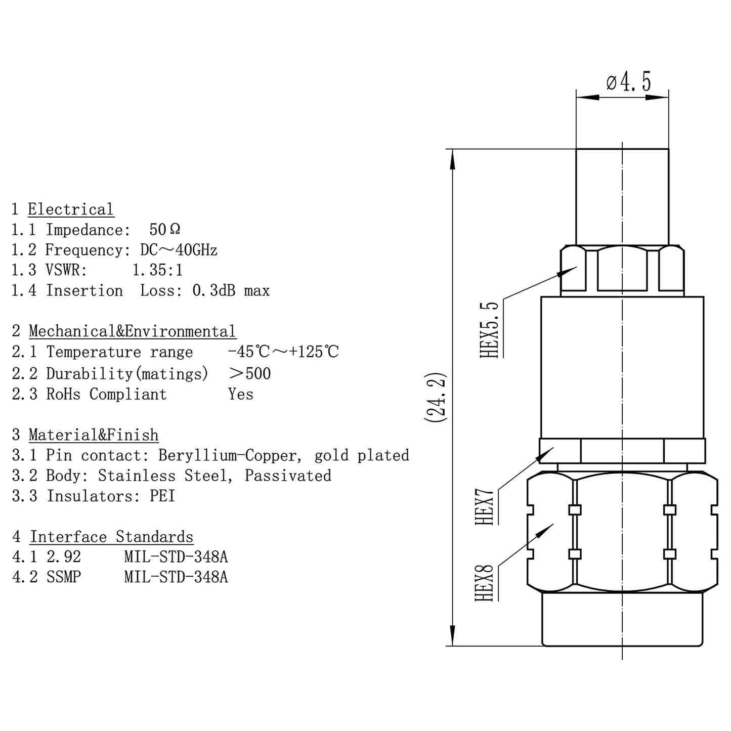 2.92 mm SSMP Wave Connector Precision 2.92 mm Male to SSMP Male Adapter Stainless Steel Body Microwave Adapter, 50 Ohm,DC to 40 GHz, VSWR 1:1.2