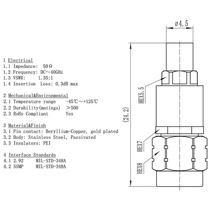 2.92 mm SSMP Wave Connector Precision 2.92 mm Male to SSMP Male Adapter Stainless Steel Body Microwave Adapter, 50 Ohm,DC to 40 GHz, VSWR 1:1.2