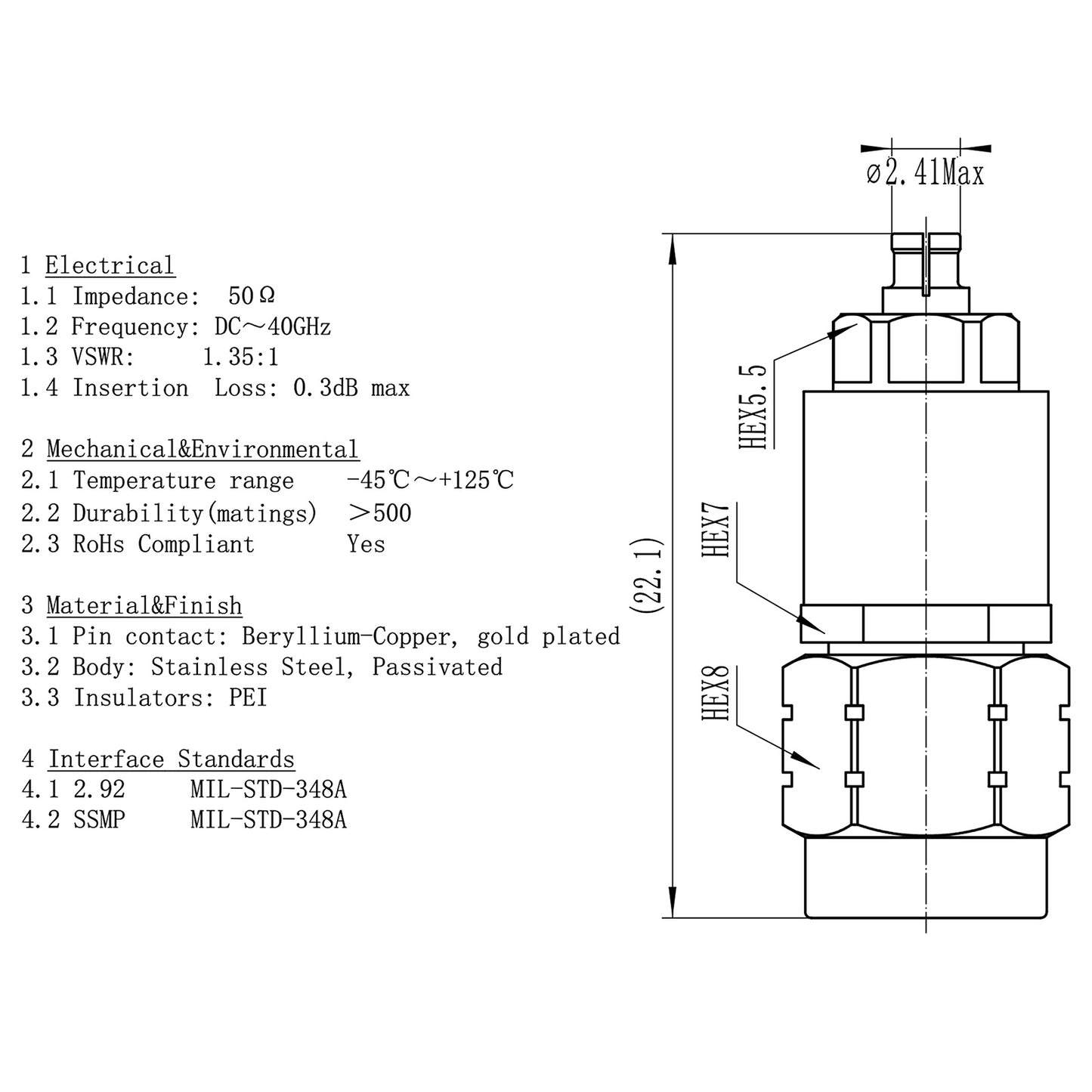 2.92 mm SSMP Wave Connector Precision 2.92 mm Male to SSMP Female Adapter Stainless Steel Body Microwave Adapter, 50 Ohm,DC to 40 GHz, VSWR 1:1.2