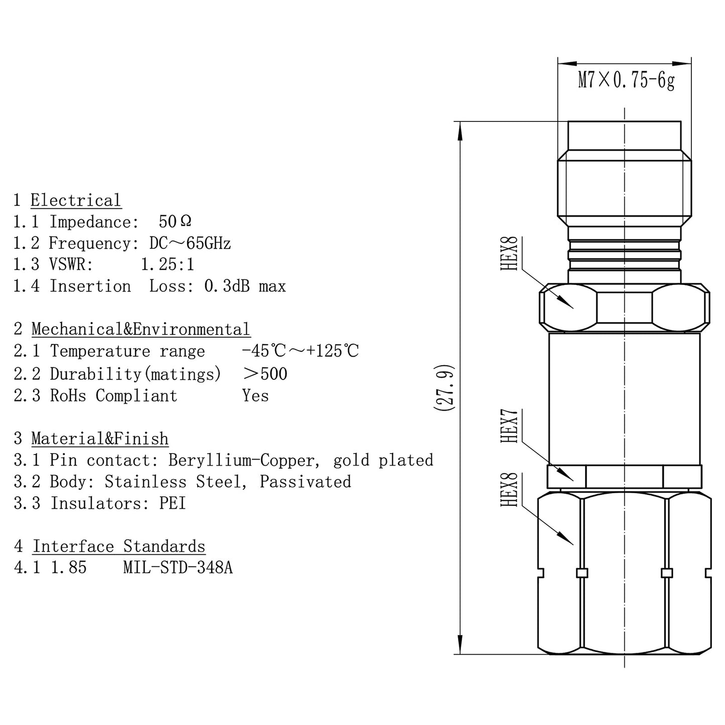 1.85 mm Wave Connector Precision 1.85 mm Male to 1.85 mm Female Adapter Stainless Steel Body Microwave Adapter, 50 Ohm,DC to 67 GHz, VSWR 1:1.25