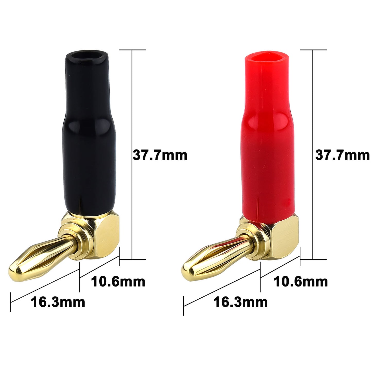 onelinkmore Right Angle Banana Plugs, 90 Degree Speaker Wire Connectors for Tight Spaces, 24K Gold Plated Dual Screw Lock Audio Jack for Wall Plates, Receiver & Amp, 4mm/0.16" Pack of 10