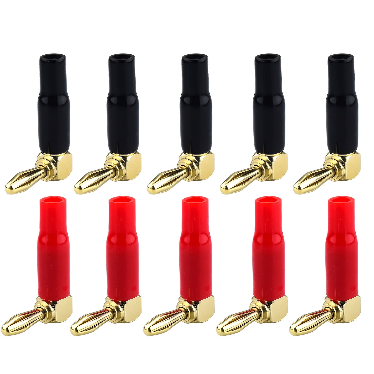 onelinkmore Right Angle Banana Plugs, 90 Degree Speaker Wire Connectors for Tight Spaces, 24K Gold Plated Dual Screw Lock Audio Jack for Wall Plates, Receiver & Amp, 4mm/0.16" Pack of 10