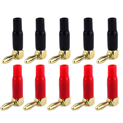 Right-Angle 4 mm Banana Plugs, Dual-Screw Gold-Plated Speaker Wire Connectors for Tight Spaces, 10-Pack