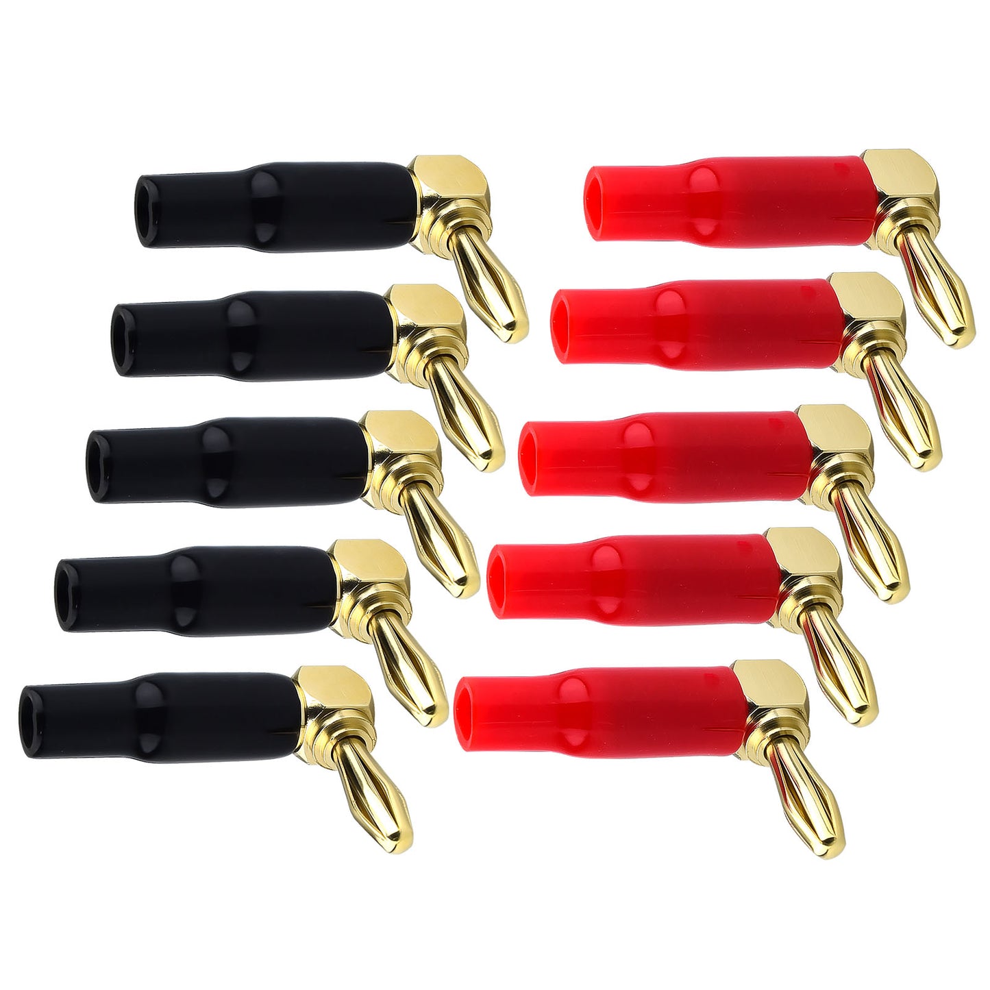 onelinkmore Right Angle Banana Plugs, 90 Degree Speaker Wire Connectors for Tight Spaces, 24K Gold Plated Dual Screw Lock Audio Jack for Wall Plates, Receiver & Amp, 4mm/0.16" Pack of 10