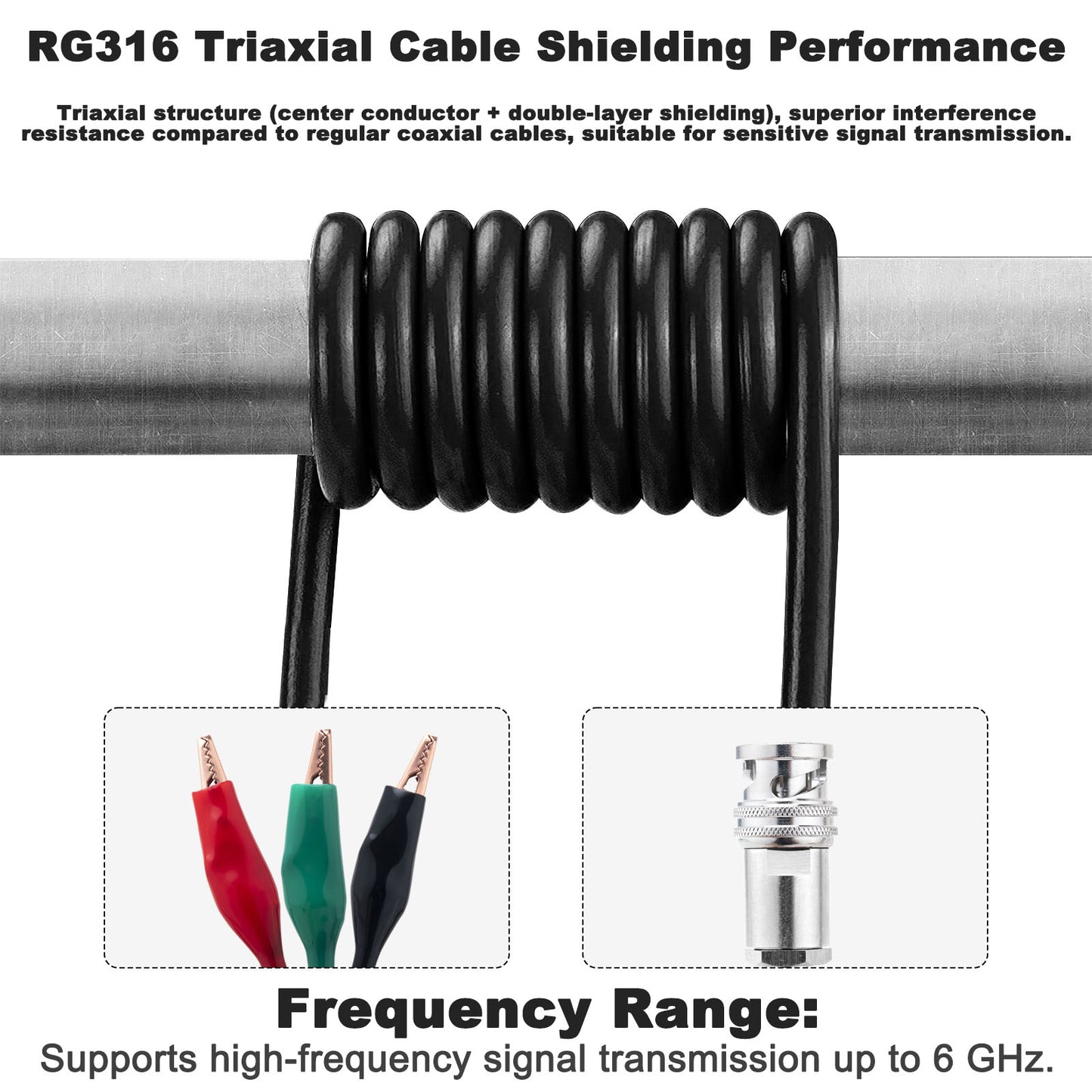 BNC Male Triaxial RG316 1M Test Cable with 3 Alligator Clips BNC Test Leads Set Oscilloscope Probe Test Leads 6GHz High-Frequency Signal Transmission, Lab-Grade Measurement, High-Temp & EMI Resistant