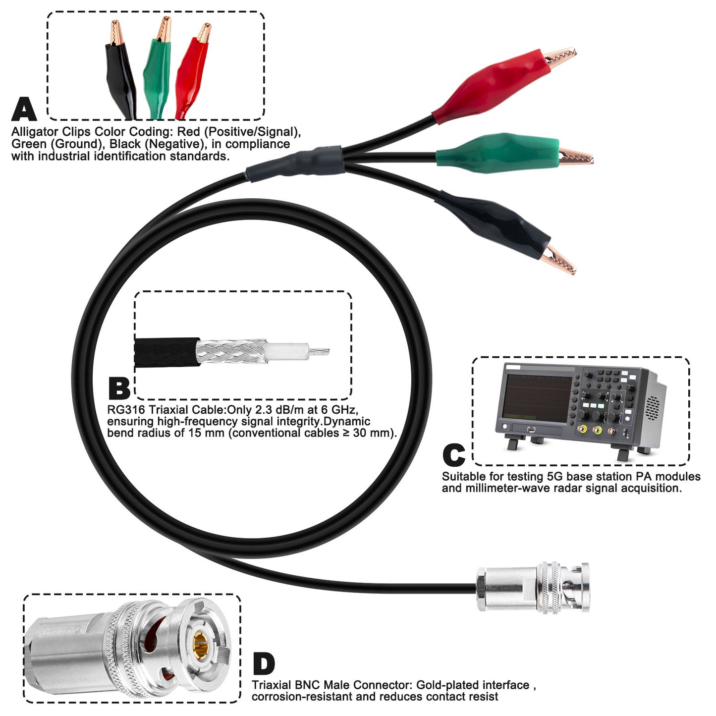 BNC Male Triaxial RG316 1M Test Cable with 3 Alligator Clips BNC Test Leads Set Oscilloscope Probe Test Leads 6GHz High-Frequency Signal Transmission, Lab-Grade Measurement, High-Temp & EMI Resistant