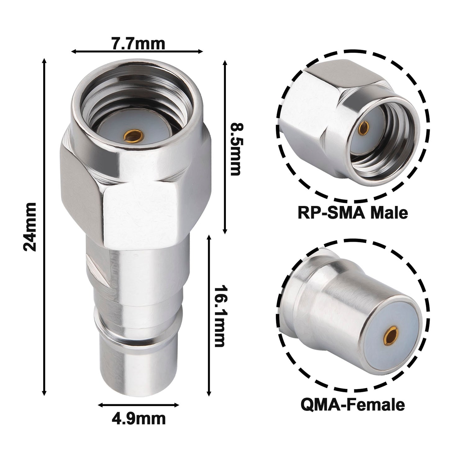 onelinkmore RP SMA Male to QMA Female Adapter, 6GHz RF Coaxial Connector for 5G Base Station, Satellite, IoT, Military(QMA Female, RP SMA Male)