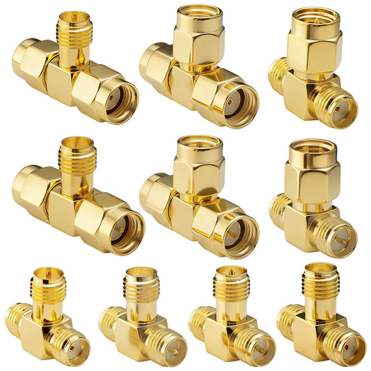 onelinkmore 3-Way Coax Splitter Kit, SMA & RP-SMA 3-Way Splitter RF Coaxial Connectors Assortment (Male/Female/Mixed), Gold Plated Brass T-Type Coax Adapter Set for SDR, FPV, Ham Radio, WiFi Antenna