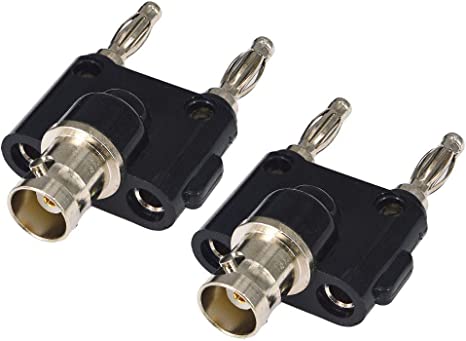 onelinkmore BNC Female to Dual Banana Plug Adapter, 4mm Male Stackable Banana Plugs for Oscilloscope & Multimeter, 19mm (0.75 inch) Standard Spacing, RF Coaxial Connector for Lab & Ham Radio Pack of 2