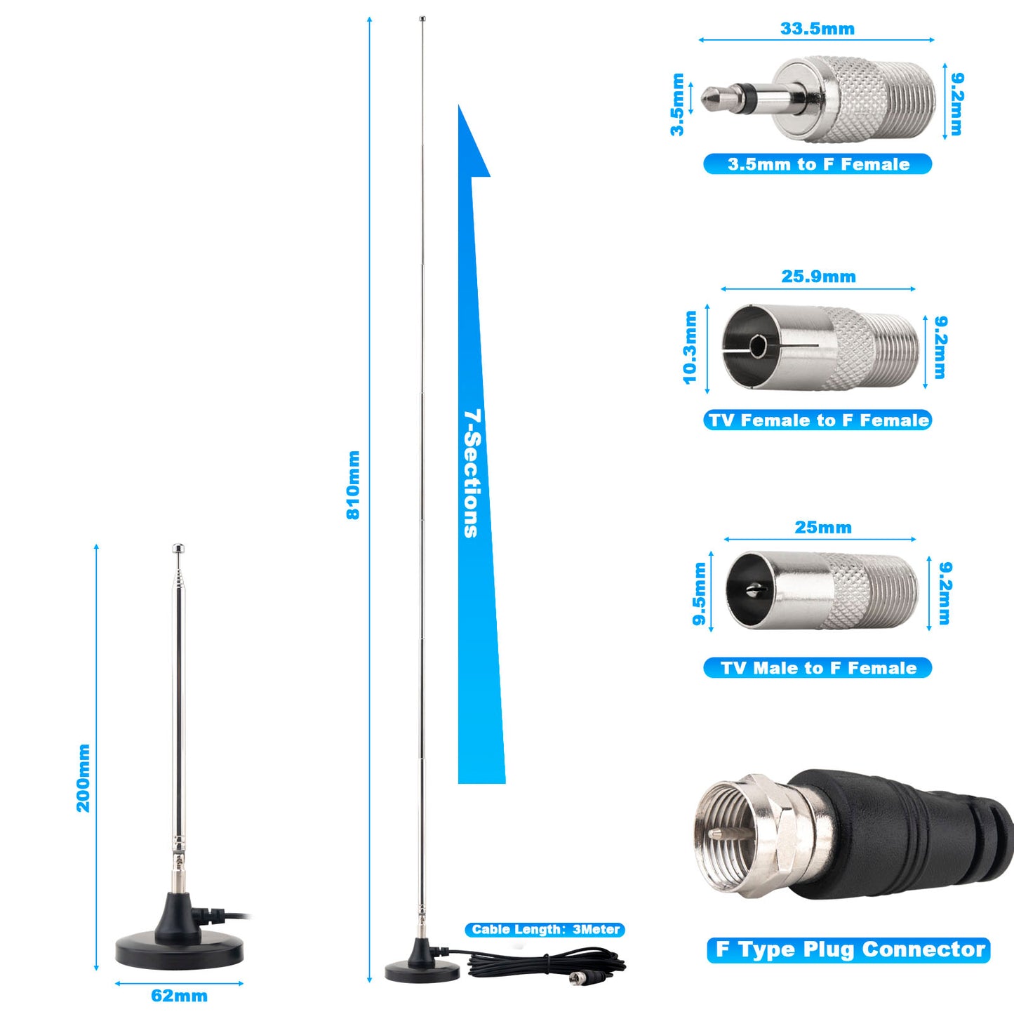 FM Antenna for Stereo Receiver Indoor, Telescopic FM Radio Antenna Heavy-Duty Magnetic Base with 10ft Cable for Window Placement, for Yamaha Pioneer Onkyo Marantz Home Theater Tuner