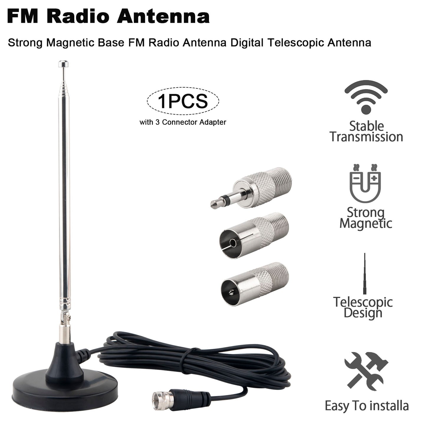FM Antenna for Stereo Receiver Indoor, Telescopic FM Radio Antenna Heavy-Duty Magnetic Base with 10ft Cable for Window Placement, for Yamaha Pioneer Onkyo Marantz Home Theater Tuner