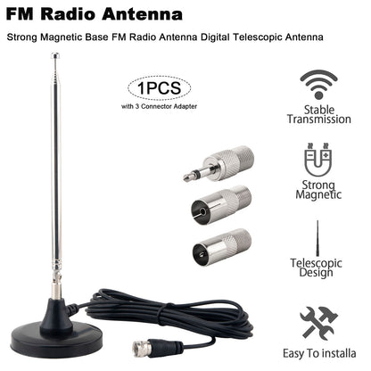 FM Antenna for Stereo Receiver Indoor, Telescopic FM Radio Antenna Heavy-Duty Magnetic Base with 10ft Cable for Window Placement, for Yamaha Pioneer Onkyo Marantz Home Theater Tuner