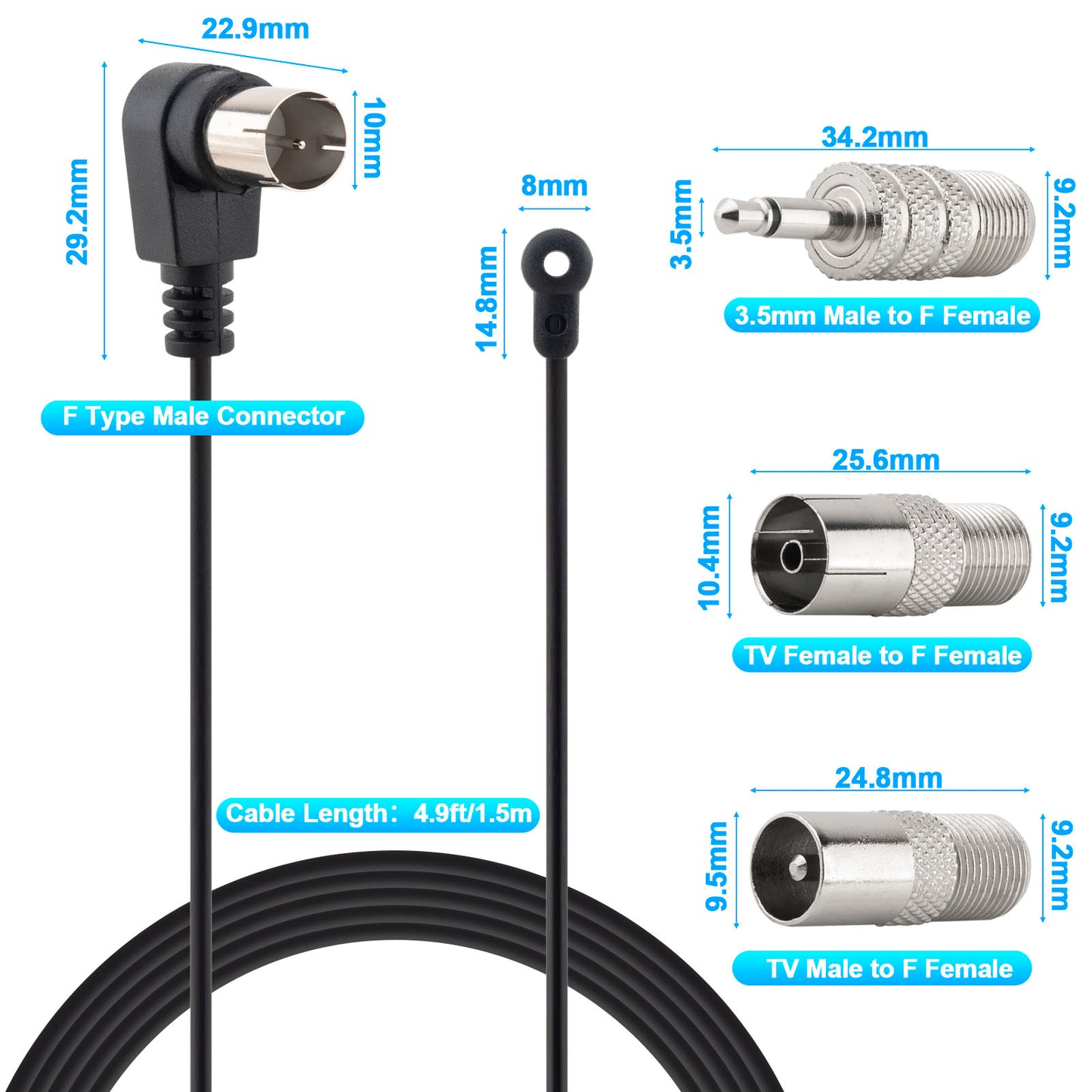 FM Antenna 75 Ohm FM Radio Antenna F Type Male Coaxial Cable Wire Antenna with Adapter for Pioneer Onkyo Yamaha Marantz Indoor Digital HD Radio Stereo Receiver FM Radio AV Audio Video