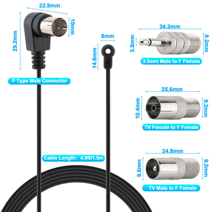 FM Antenna 75 Ohm FM Radio Antenna F Type Male Coaxial Cable Wire Antenna with Adapter for Pioneer Onkyo Yamaha Marantz Indoor Digital HD Radio Stereo Receiver FM Radio AV Audio Video