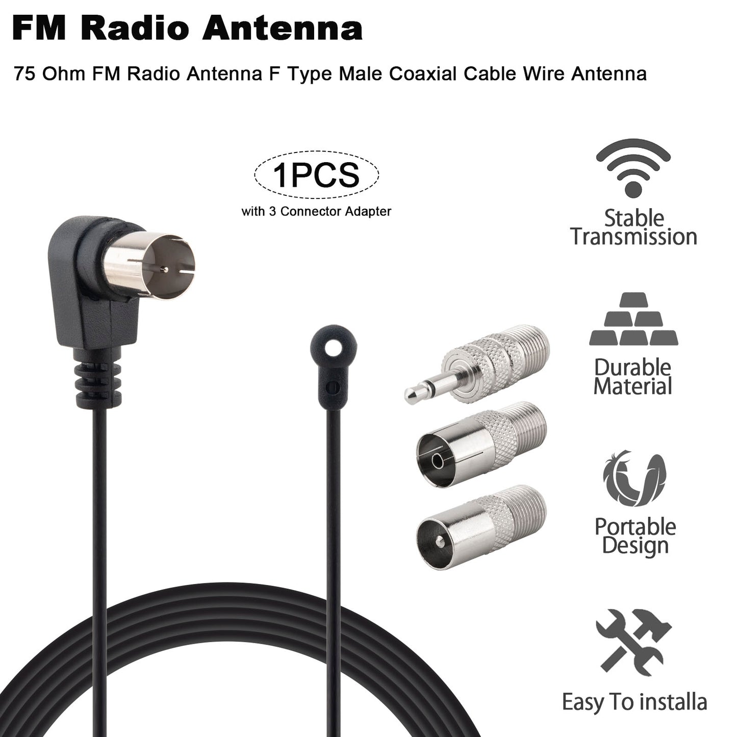 FM Antenna 75 Ohm FM Radio Antenna F Type Male Coaxial Cable Wire Antenna with Adapter for Pioneer Onkyo Yamaha Marantz Indoor Digital HD Radio Stereo Receiver FM Radio AV Audio Video