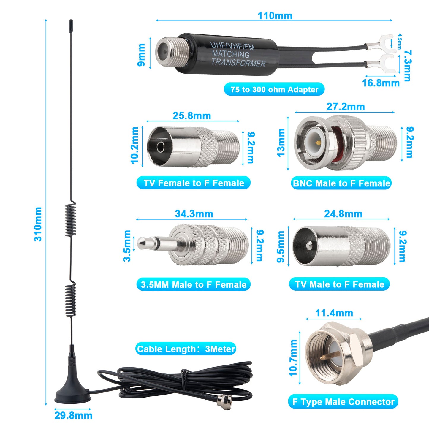 FM Antenna Magnetic Base FM Radio Antenna with PAL BNC 3.5mm and 75 to 300 Ohm Adapter Connector for Pioneer Onkyo Yamaha Marantz Indoor Digital HD Radio FM Radio