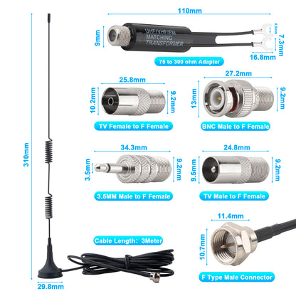 FM Antenna Magnetic Base FM Radio Antenna with PAL BNC 3.5mm and 75 to 300 Ohm Adapter Connector for Pioneer Onkyo Yamaha Marantz Indoor Digital HD Radio FM Radio