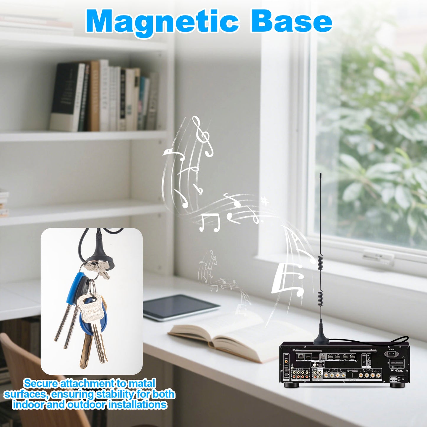 FM Antenna Magnetic Base FM Radio Antenna with PAL BNC 3.5mm and 75 to 300 Ohm Adapter Connector for Pioneer Onkyo Yamaha Marantz Indoor Digital HD Radio FM Radio