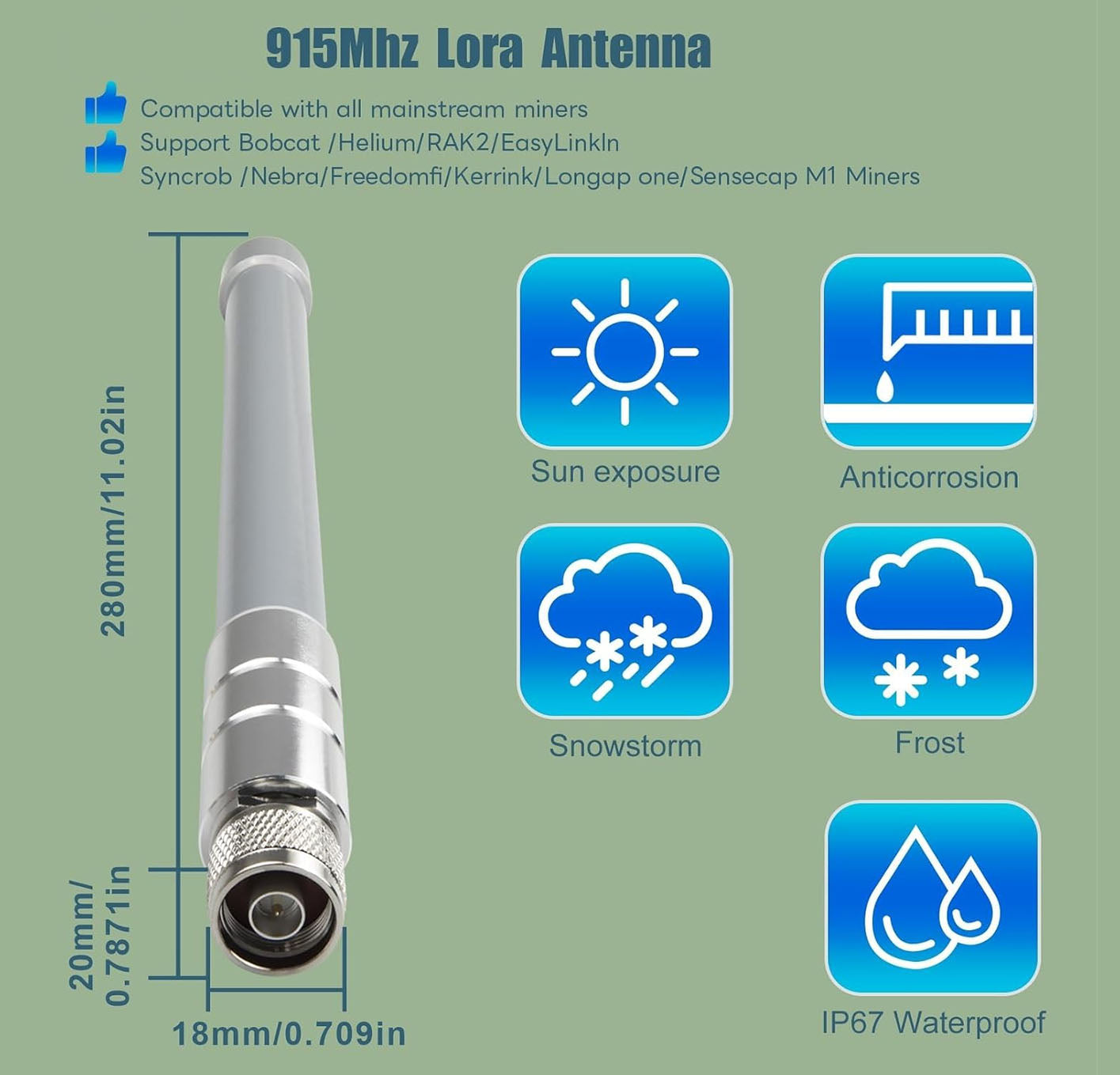 915MHz 3dBi Indoor Omni-Directional LoRa Antenna 11.8in N Male Fiberglass Antenna for Home Helium Miners, Indoor IoT